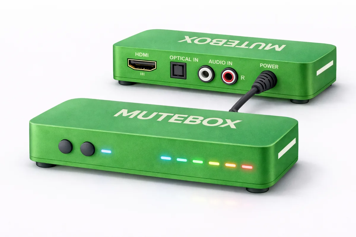Mutebox device, front and rear views, showing status LEDs and HDMI, optical, and RCA audio ports